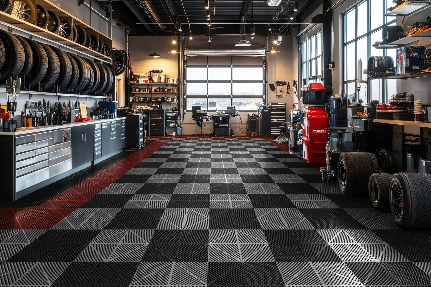 Car workshop with checked interlocking flooring