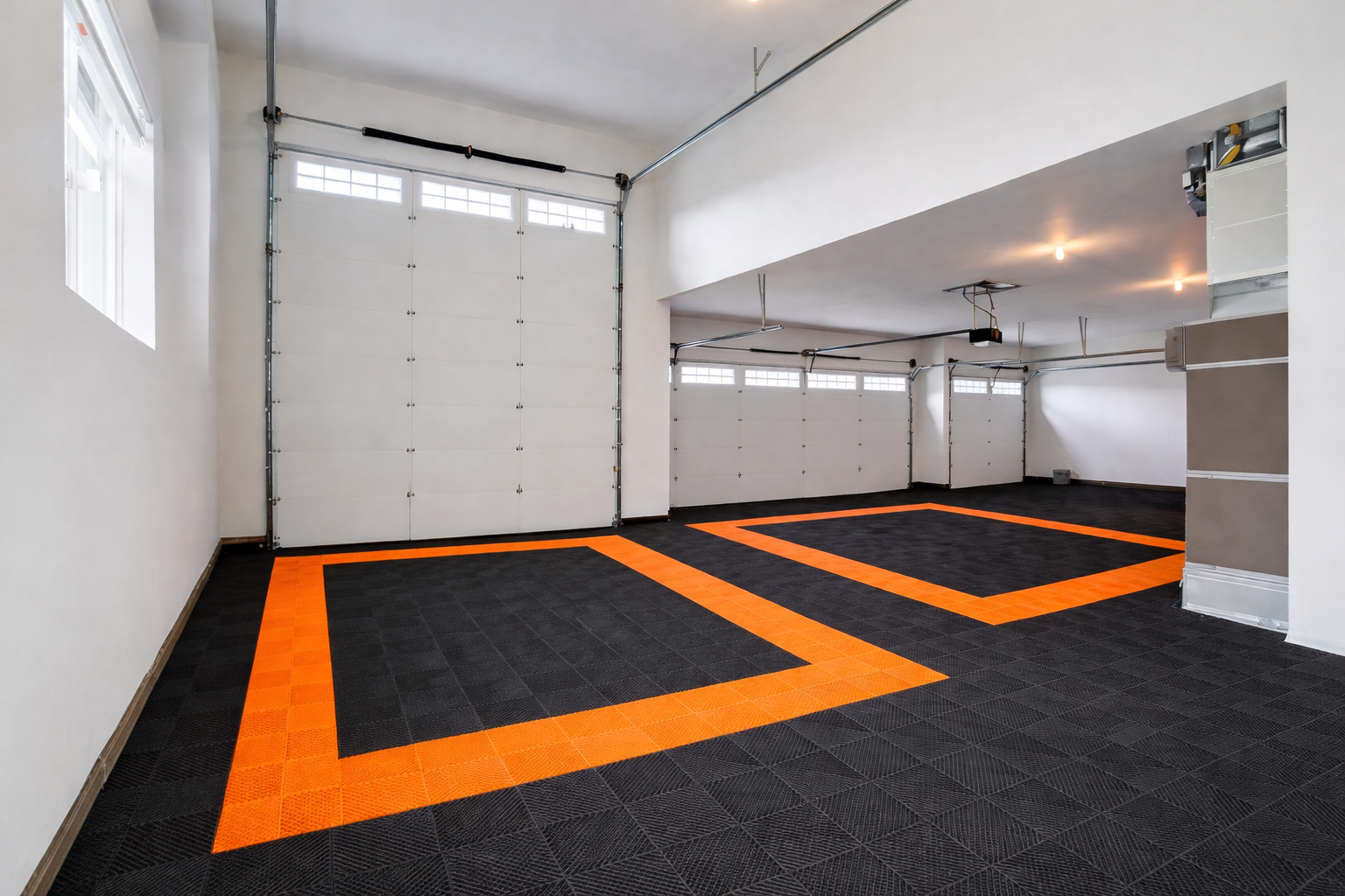 Garage interior with black and orange floor markings