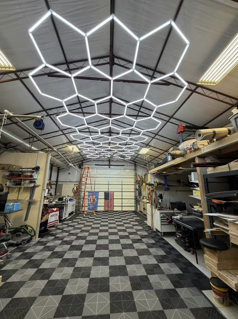 Garage interior with geometric ceiling light fixture